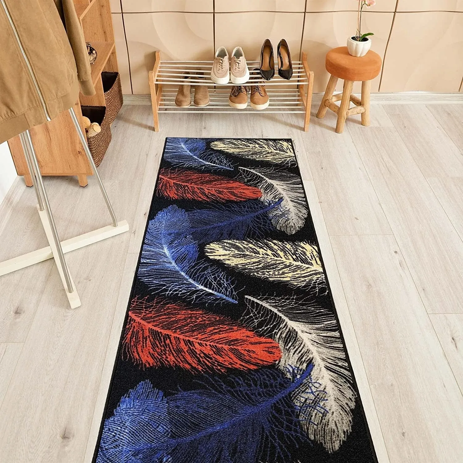 Custom Size Feather Design 26 Inch Wide Non-Slip Stair Runner Rug