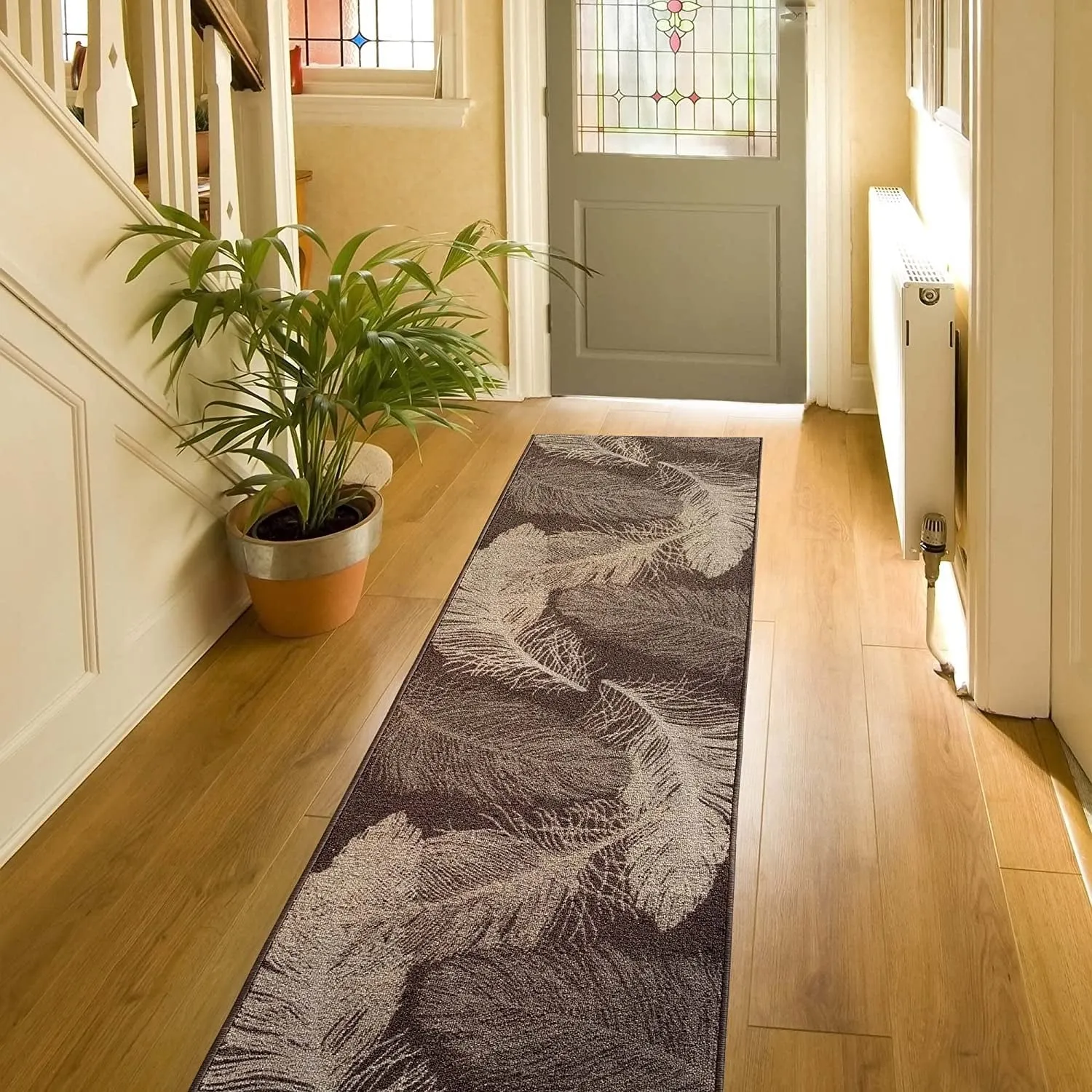 Custom Size Feather Design 26 Inch Wide Non-Slip Stair Runner Rug
