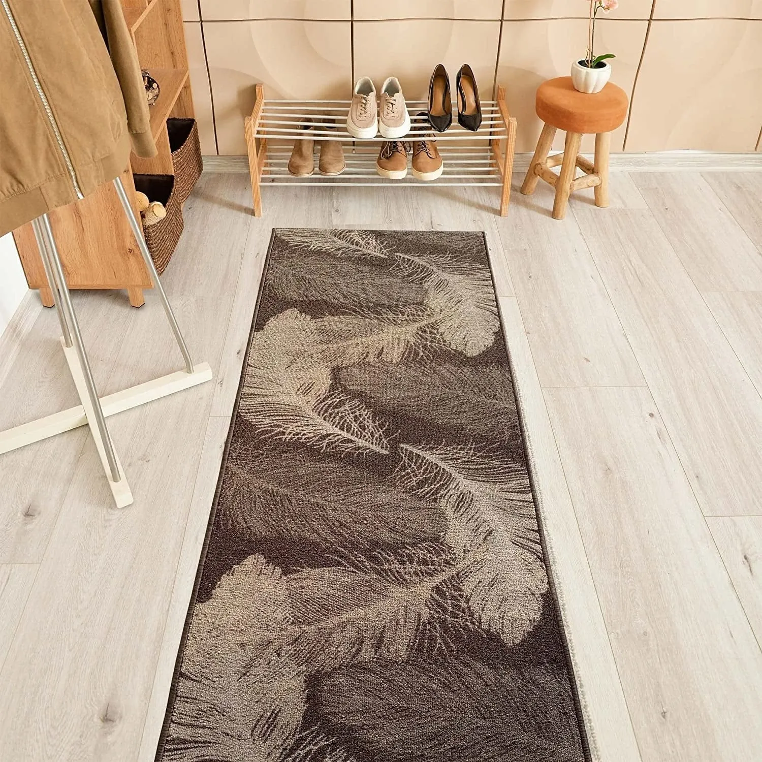 Custom Size Feather Design 26 Inch Wide Non-Slip Stair Runner Rug