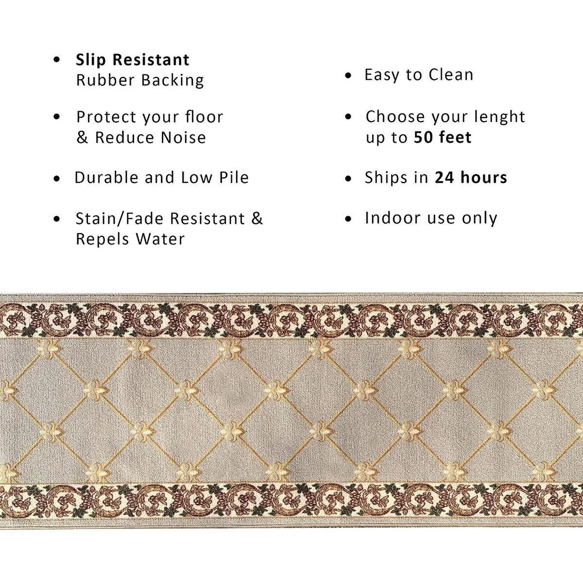 Custom Size Fleur De Lis 26 Inch Wide Non-Slip Stair Runner Rug