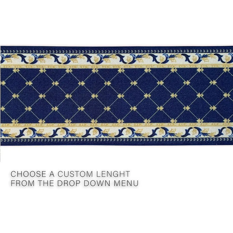 Custom Size French Trellis Design Brown.Red.Blue Color Non-Slip Rubber Backing- 31 Inch WidexYour Choice of Length Runner Rug