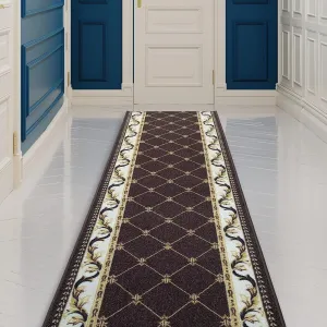 Custom Size French Trellis Design Brown.Red.Blue Color Non-Slip Rubber Backing- 31 Inch WidexYour Choice of Length Runner Rug