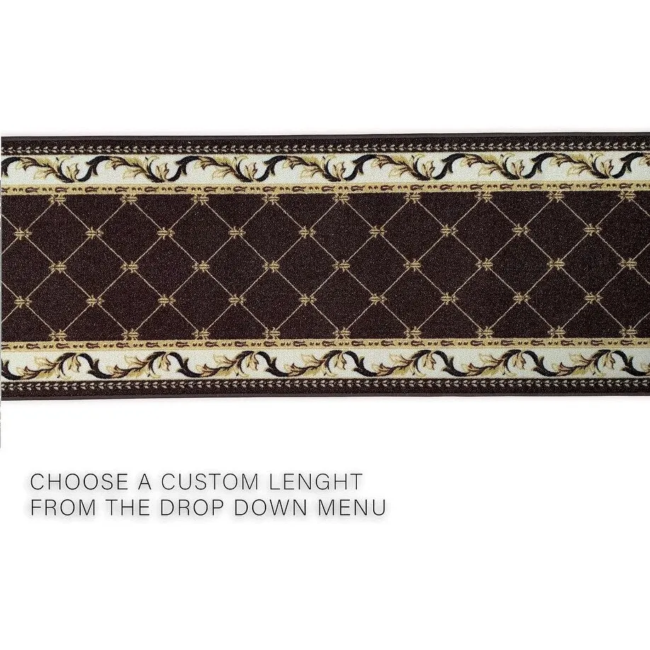 Custom Size French Trellis Design Brown.Red.Blue Color Non-Slip Rubber Backing- 31 Inch WidexYour Choice of Length Runner Rug