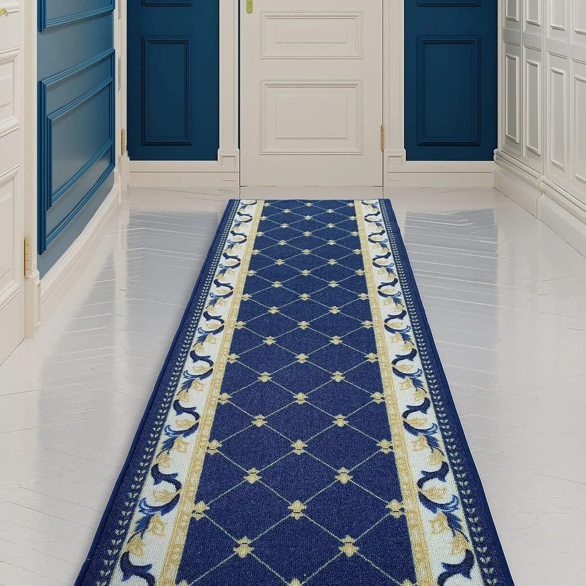 Custom Size French Trellis Design Brown.Red.Blue Color Non-Slip Rubber Backing- 31 Inch WidexYour Choice of Length Runner Rug