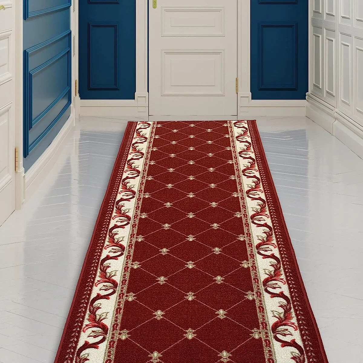 Custom Size French Trellis Design Brown.Red.Blue Color Non-Slip Rubber Backing- 31 Inch WidexYour Choice of Length Runner Rug