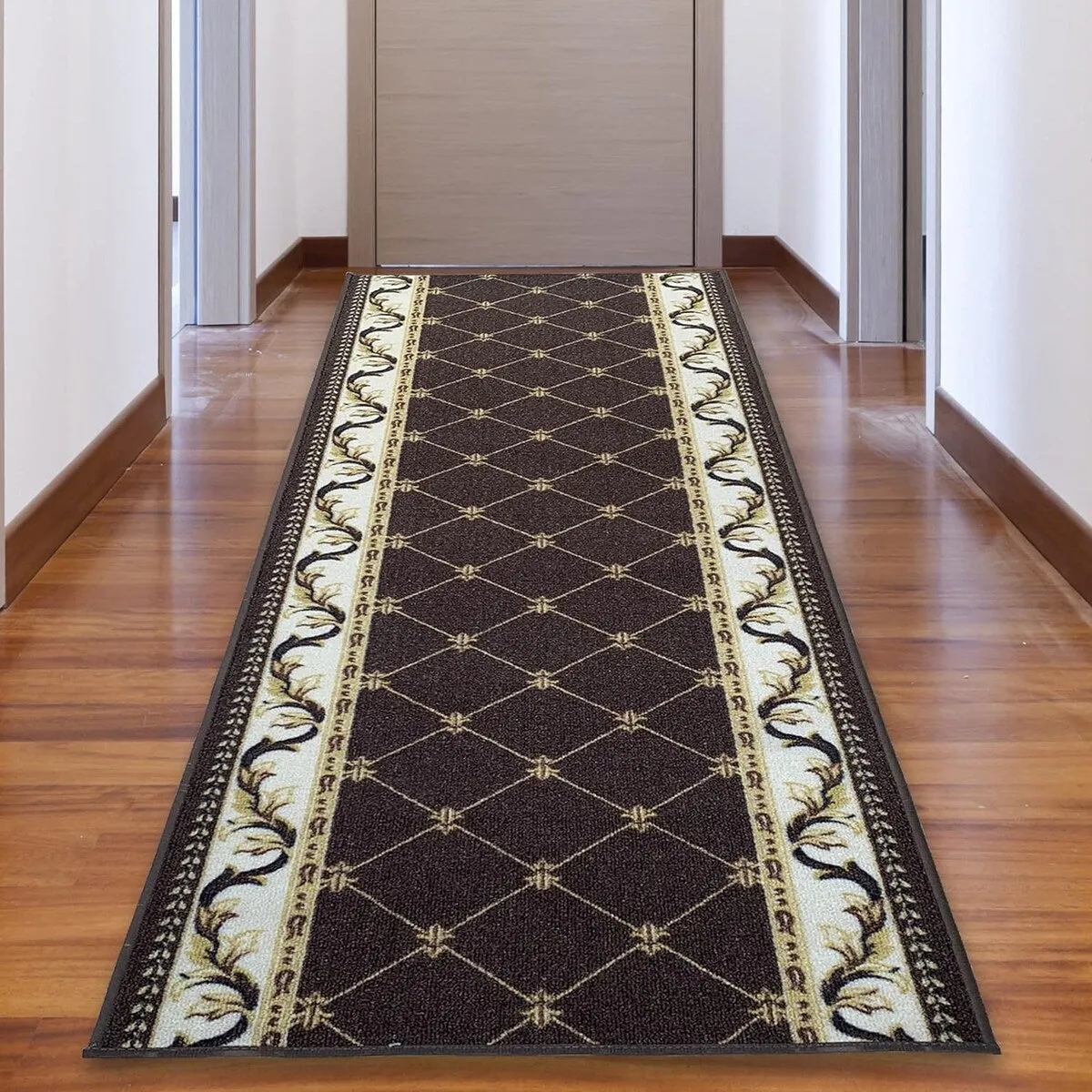Custom Size French Trellis Design Brown.Red.Blue Color Non-Slip Rubber Backing- 31 Inch WidexYour Choice of Length Runner Rug