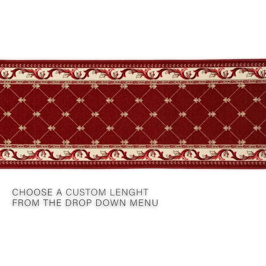 Custom Size French Trellis Design Brown.Red.Blue Color Non-Slip Rubber Backing- 31 Inch WidexYour Choice of Length Runner Rug