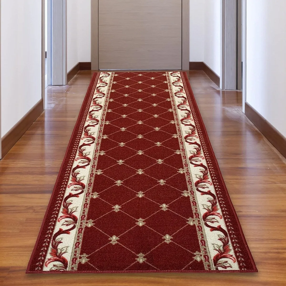 Custom Size French Trellis Design Brown.Red.Blue Color Non-Slip Rubber Backing- 31 Inch WidexYour Choice of Length Runner Rug