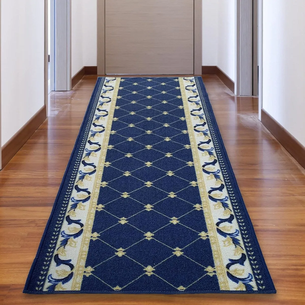 Custom Size French Trellis Design Brown.Red.Blue Color Non-Slip Rubber Backing- 31 Inch WidexYour Choice of Length Runner Rug