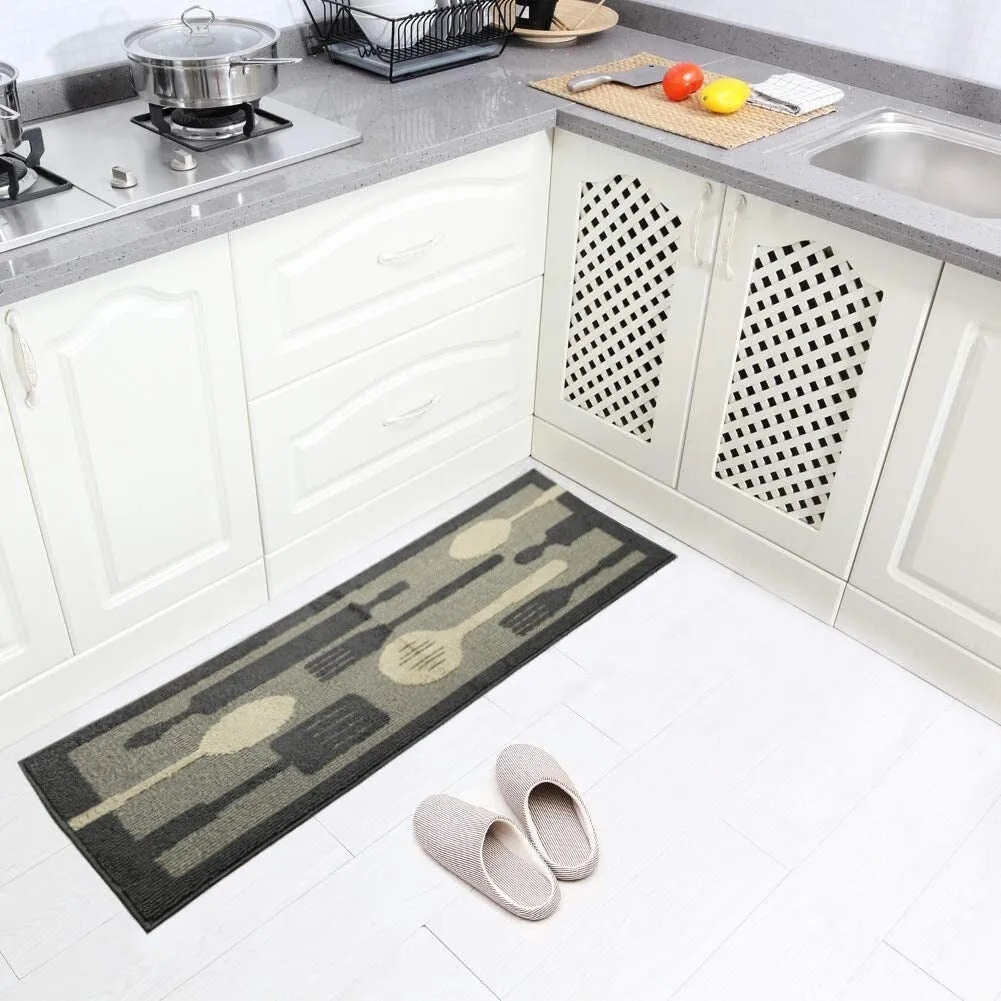 Decor Non-Slip Rubber Back Soft Durable Woven Fluffy Runner Area Carpet Floor Mat Indoor Kitchen Rug. Grey Flying Utensils