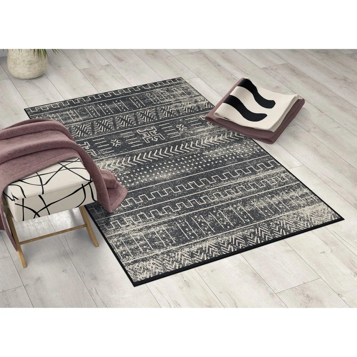 Deerlux Boho Living Room Area Rug with Nonslip Backing. Black Tribal Pattern