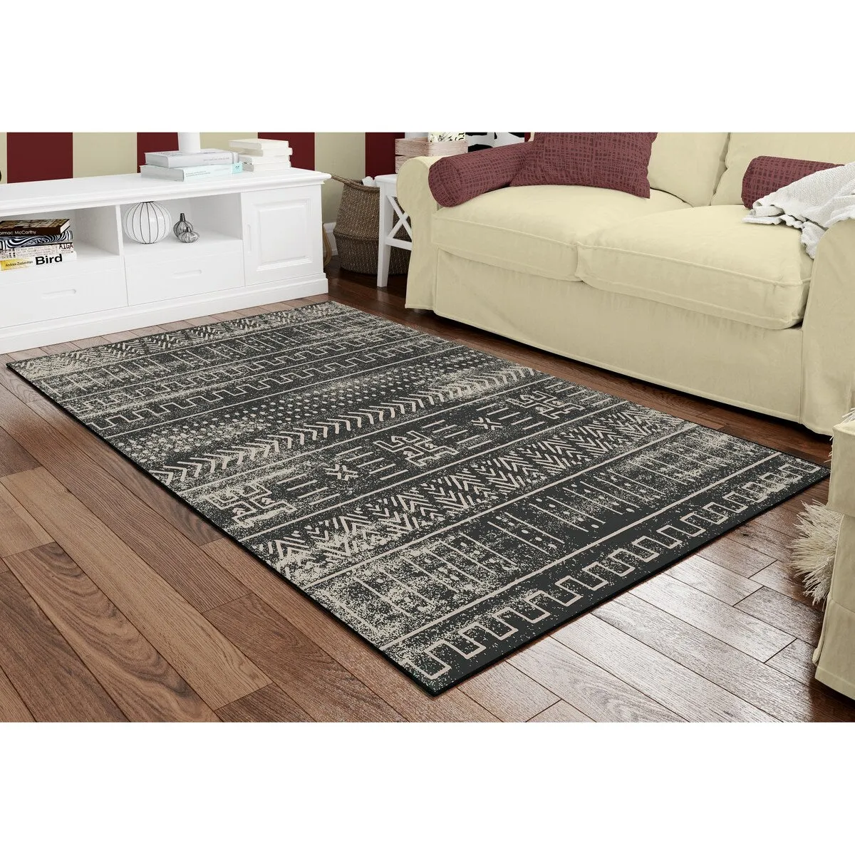 Deerlux Boho Living Room Area Rug with Nonslip Backing. Black Tribal Pattern