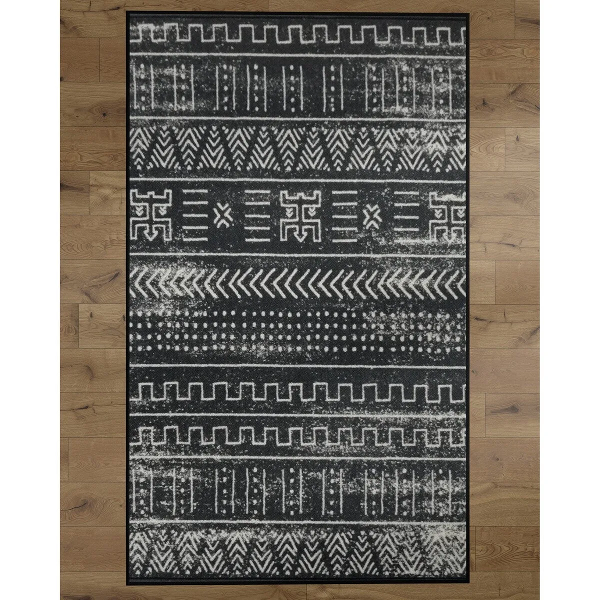 Deerlux Boho Living Room Area Rug with Nonslip Backing. Black Tribal Pattern