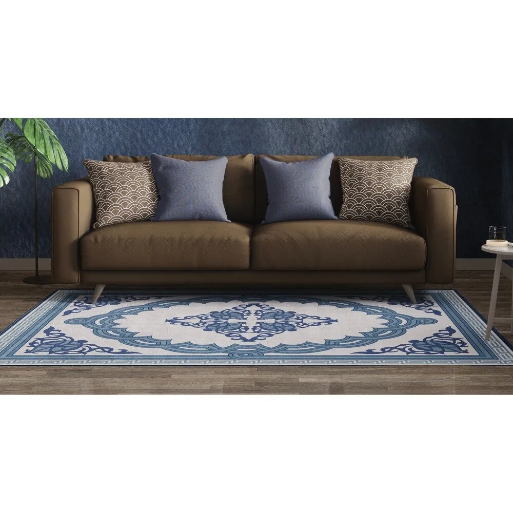 Deerlux Transitional Living Room Area Rug with Nonslip Backing. Blue Medallion Pattern