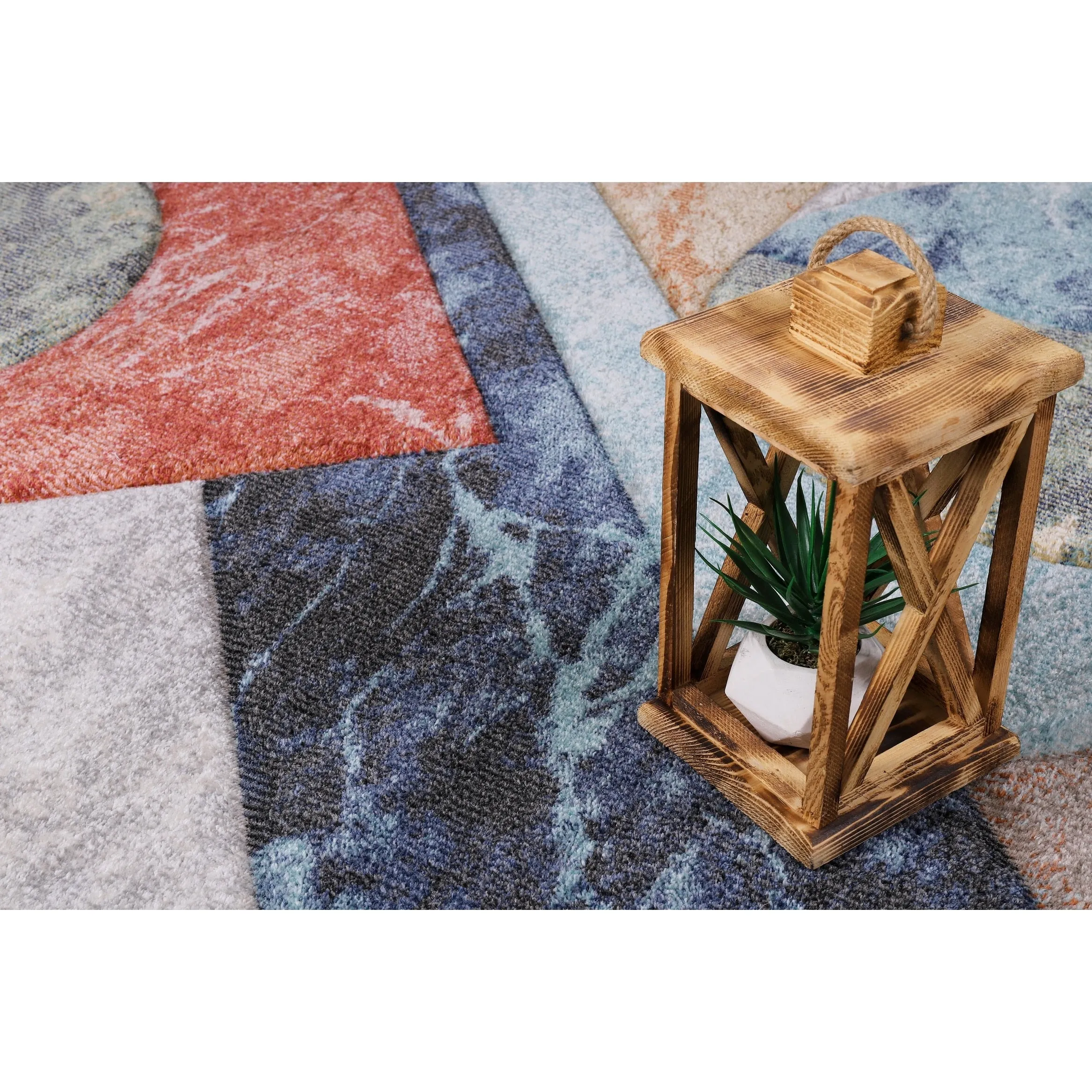 Elpida Collection Ivory. Tan. Grey. Blue. and Rust Geometric Rug