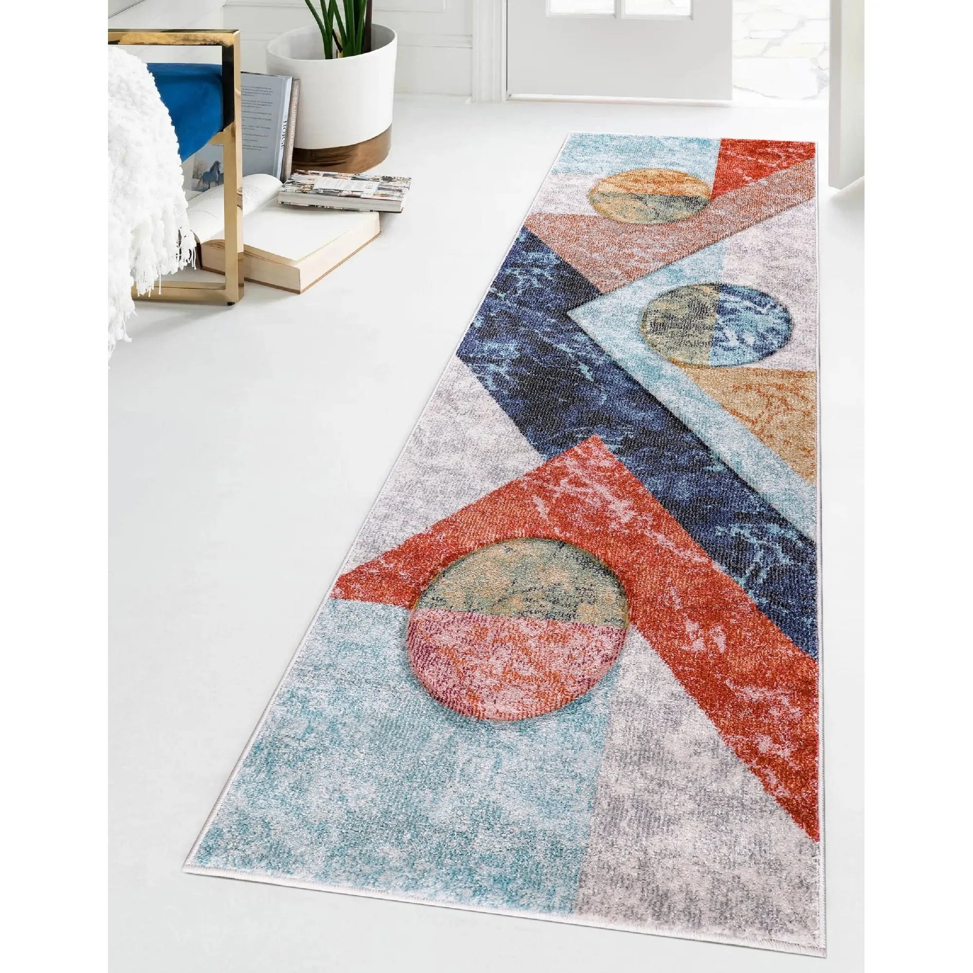 Elpida Collection Ivory. Tan. Grey. Blue. and Rust Geometric Rug
