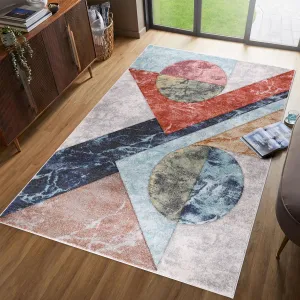 Elpida Collection Ivory. Tan. Grey. Blue. and Rust Geometric Rug