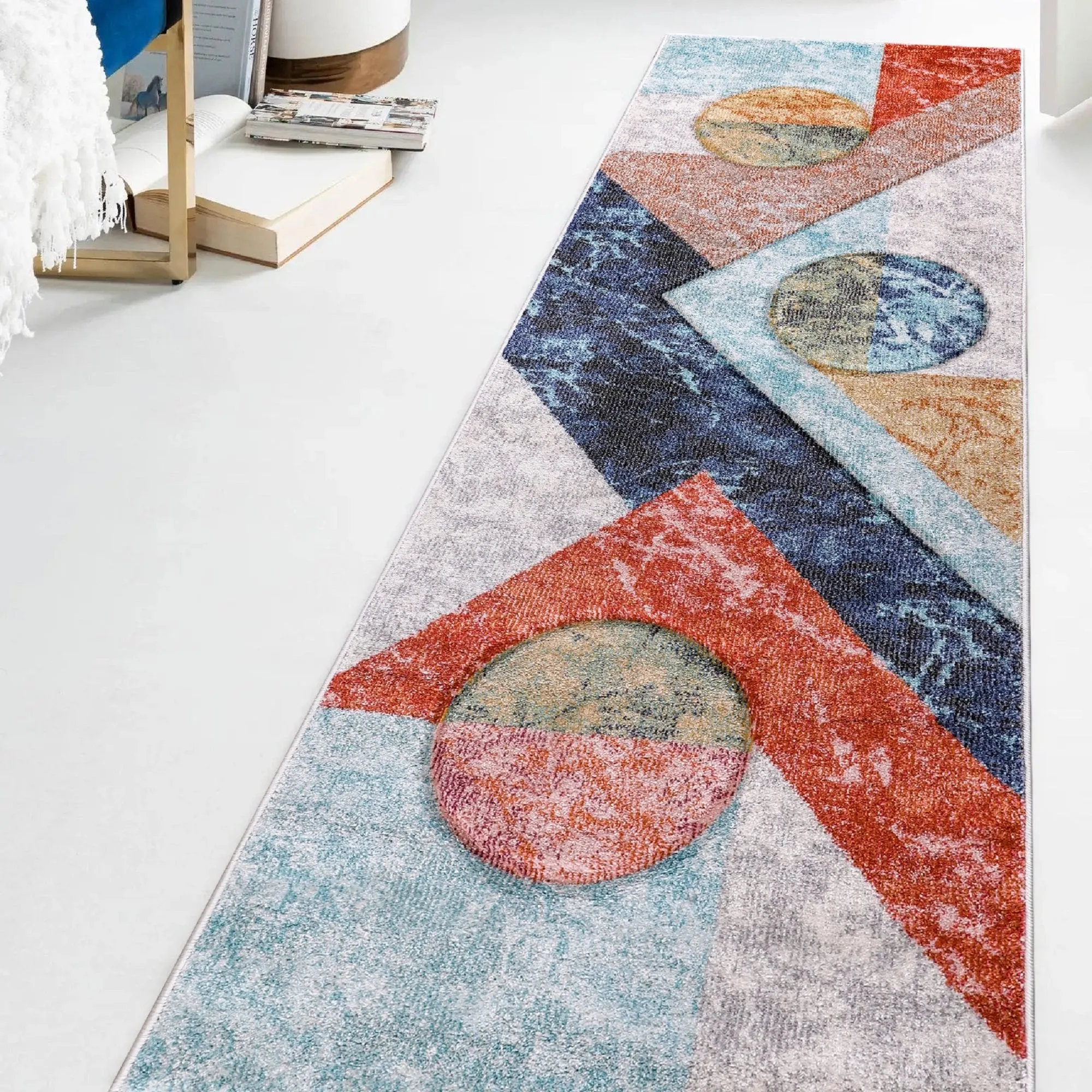 Elpida Collection Ivory. Tan. Grey. Blue. and Rust Geometric Rug