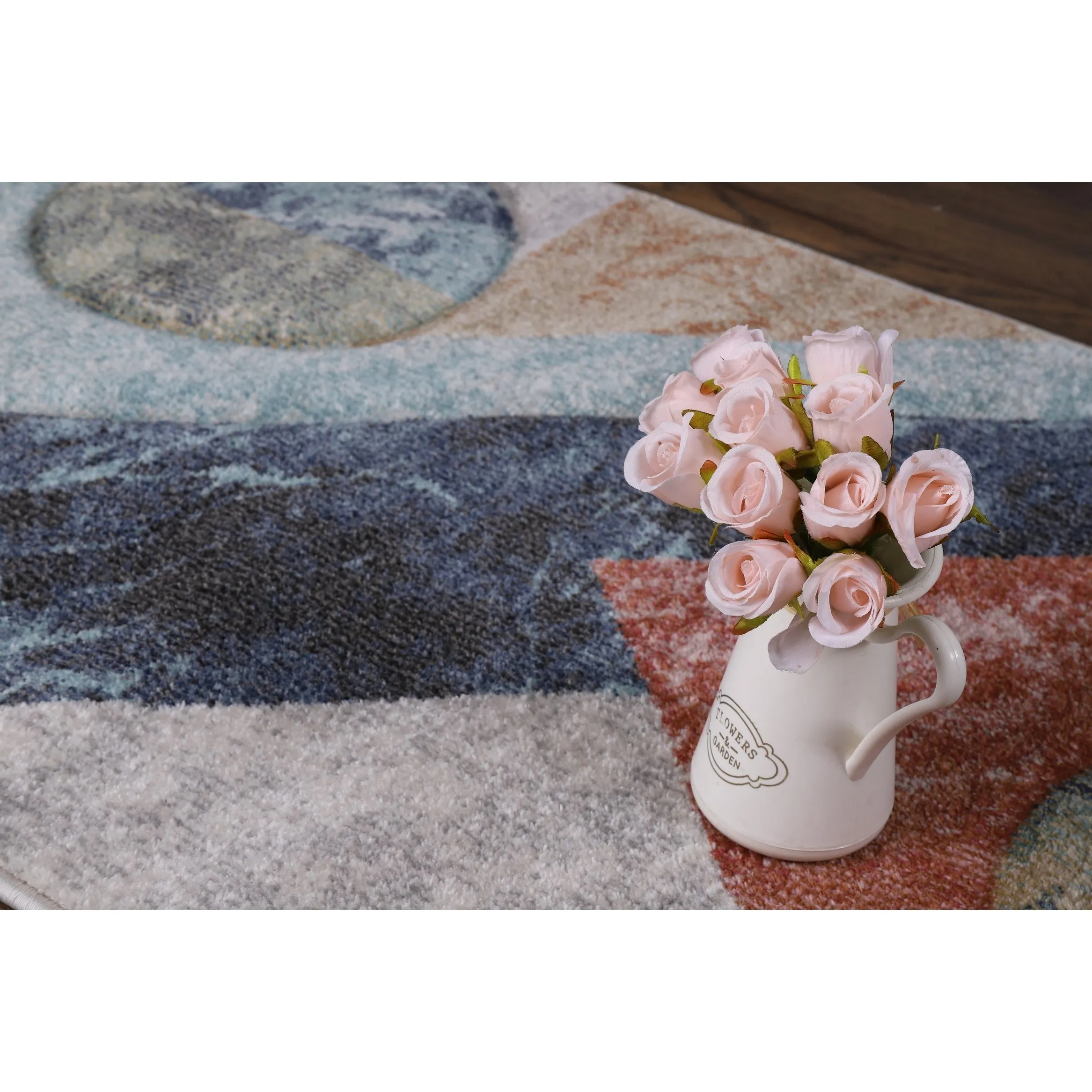 Elpida Collection Ivory. Tan. Grey. Blue. and Rust Geometric Rug
