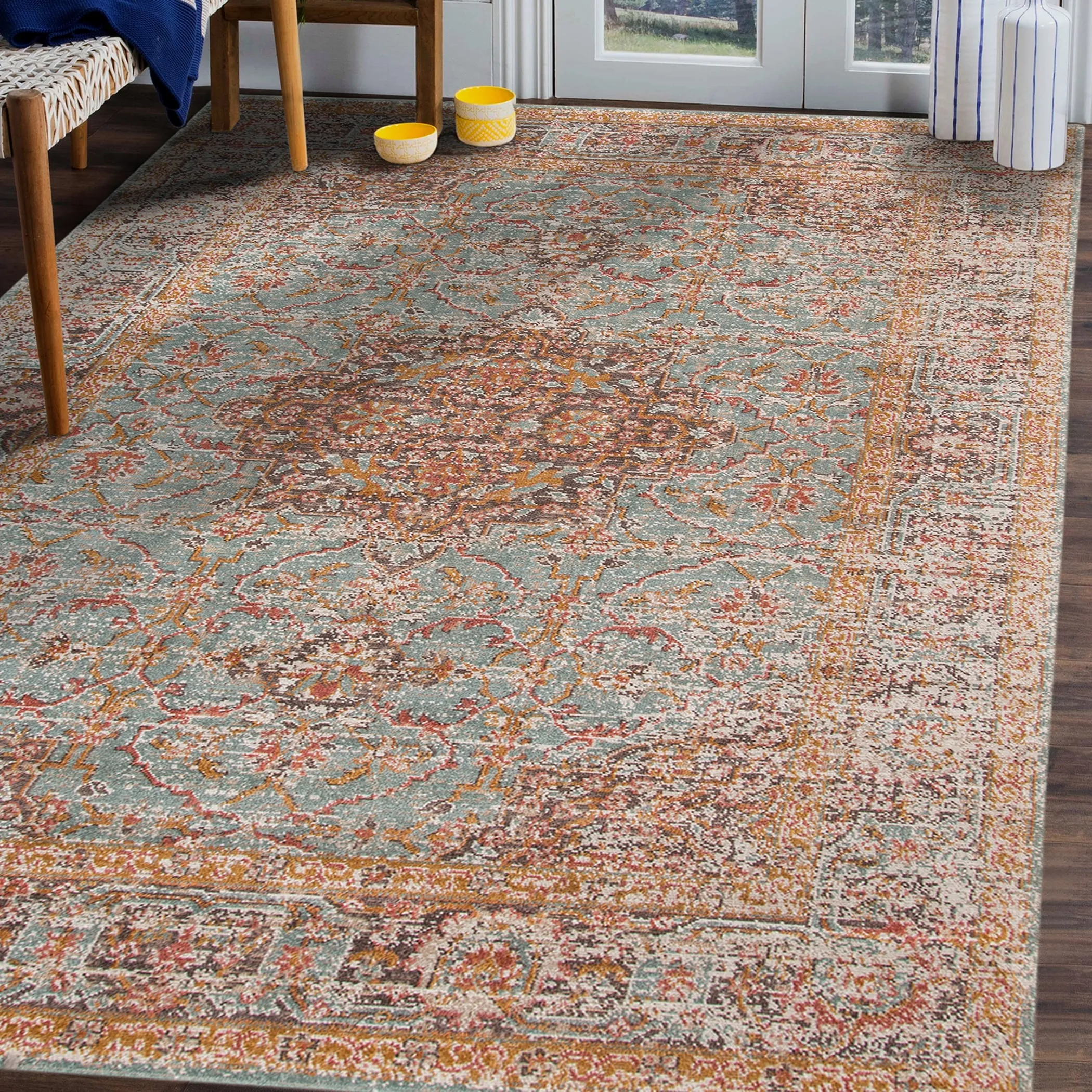 Ethereal Funi Vintage Bordered Sea Green Area Rug