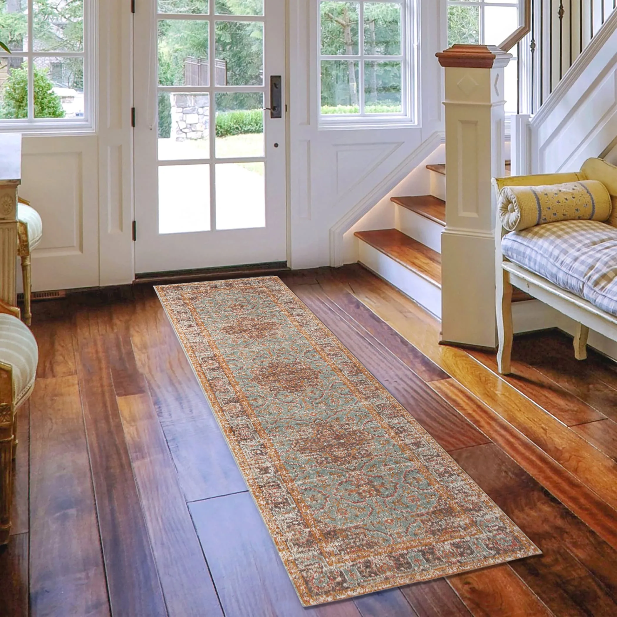 Ethereal Funi Vintage Bordered Sea Green Area Rug