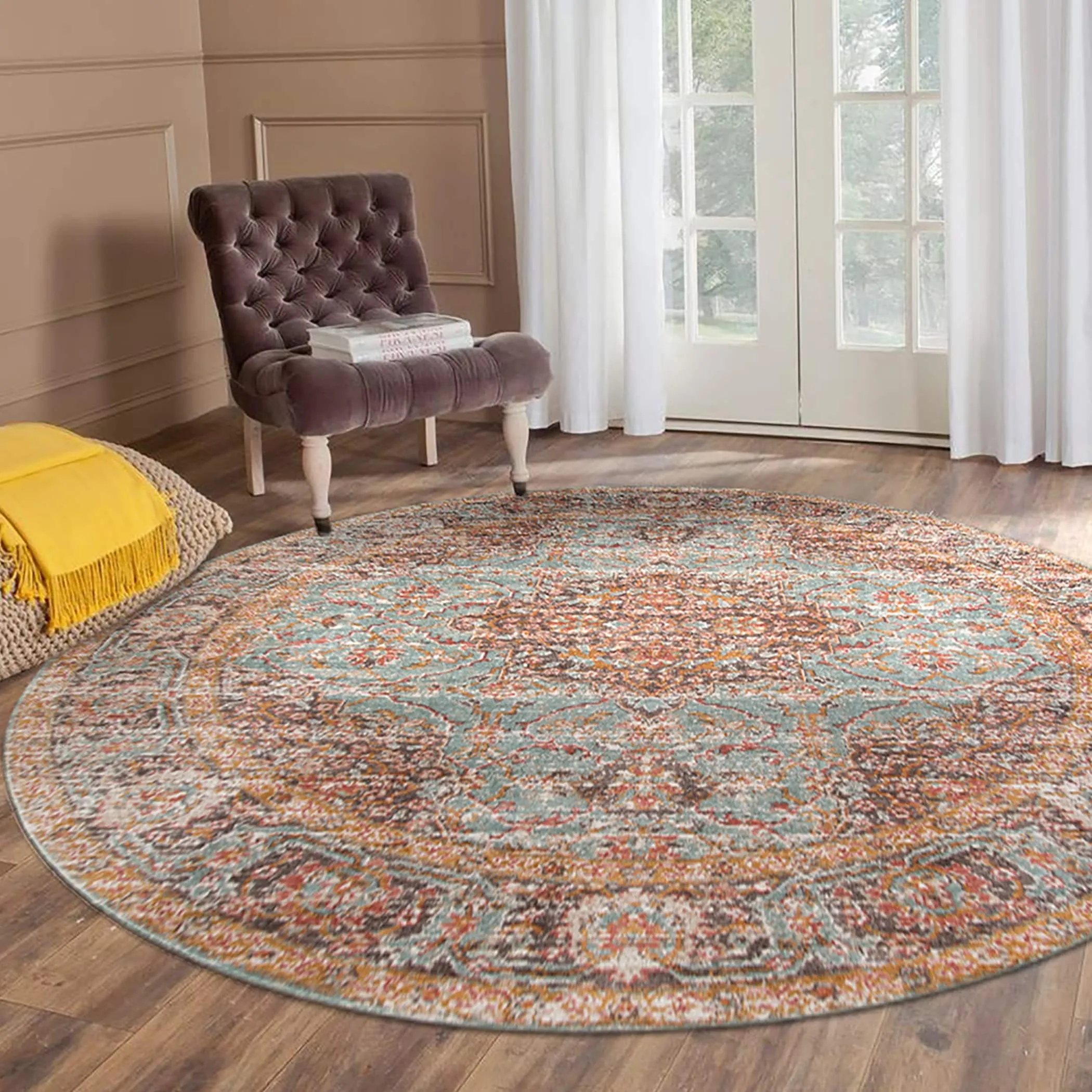 Ethereal Funi Vintage Bordered Sea Green Area Rug