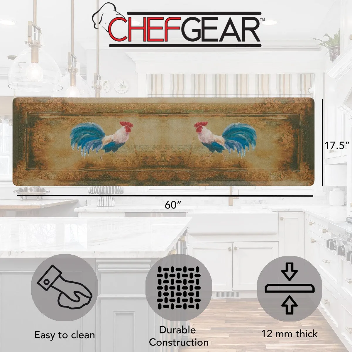 Floral Vintage Rooster Novelty Anti-Fatigue Kitchen Wellness Mat