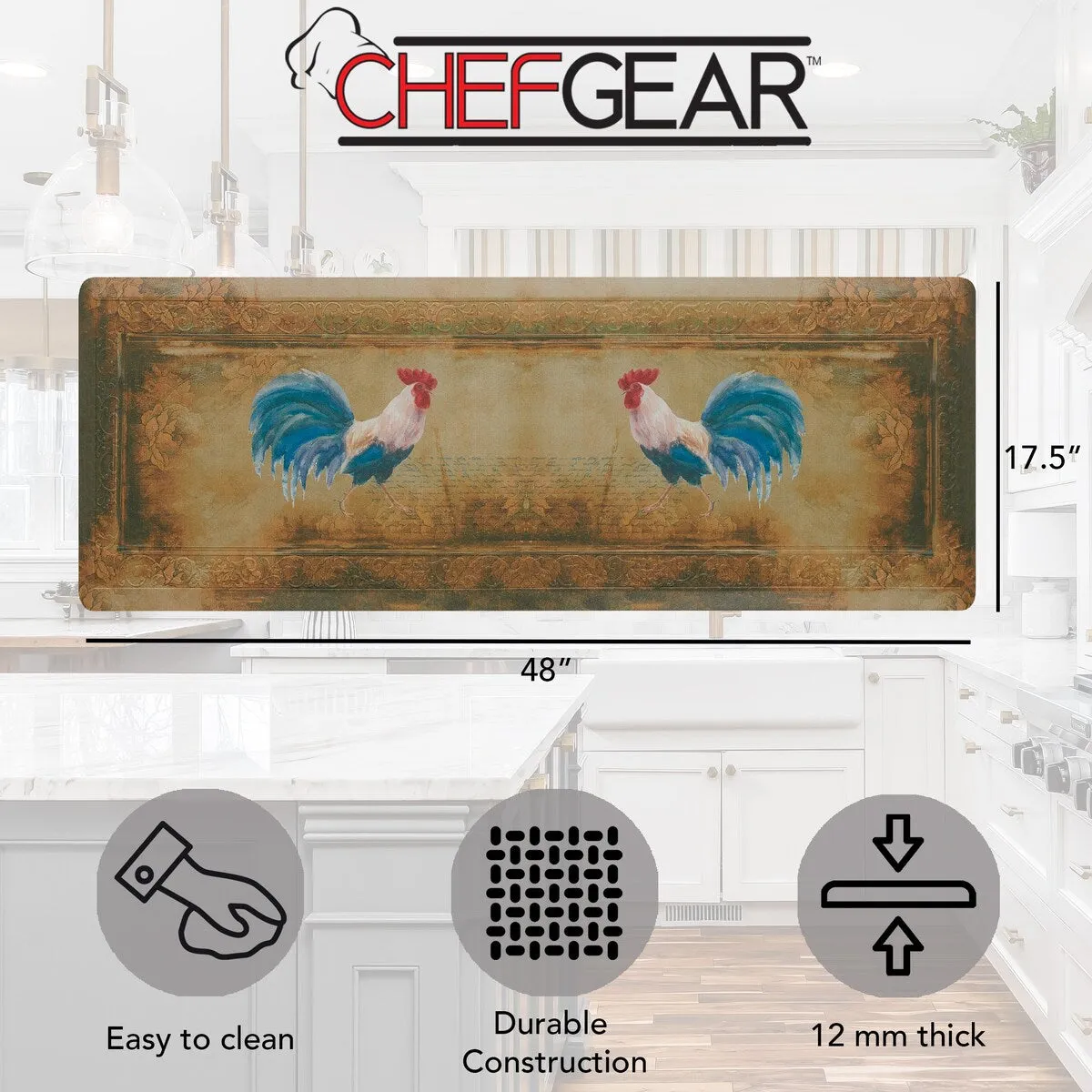 Floral Vintage Rooster Novelty Anti-Fatigue Kitchen Wellness Mat