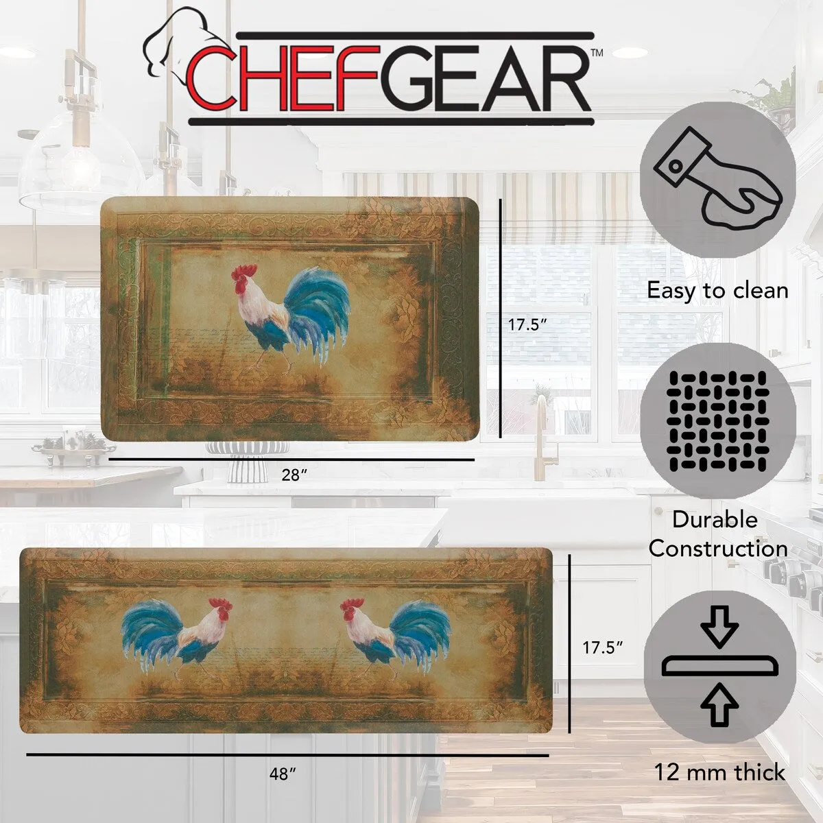 Floral Vintage Rooster Novelty Anti-Fatigue Kitchen Wellness Mat