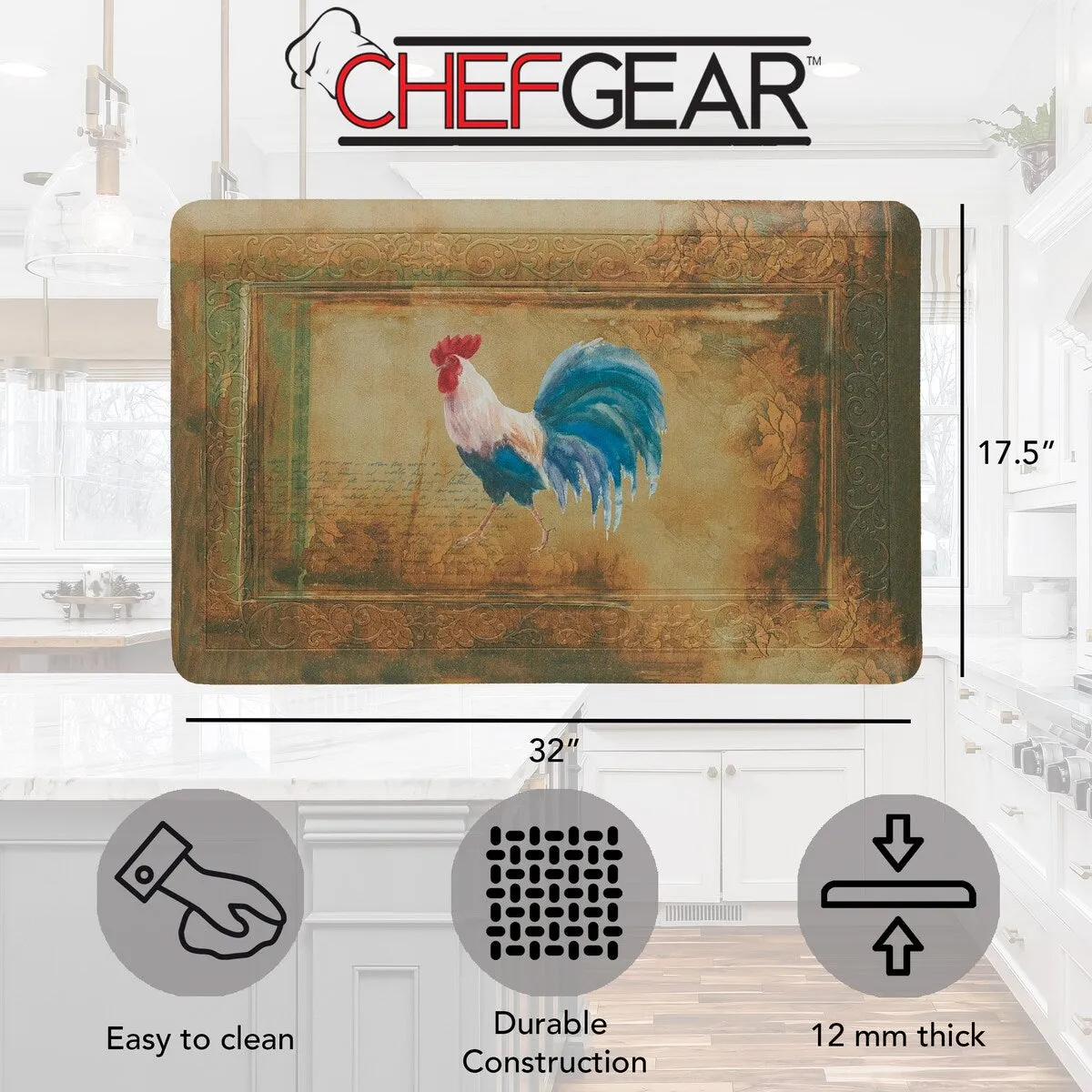 Floral Vintage Rooster Novelty Anti-Fatigue Kitchen Wellness Mat