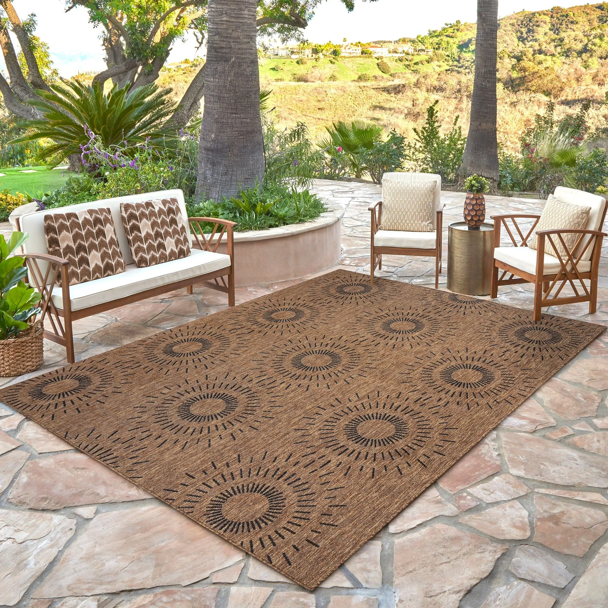 Gertmenian Tropea Tiaret Indoor Outdoor Flatweave Rug. Boho Sunburst Design