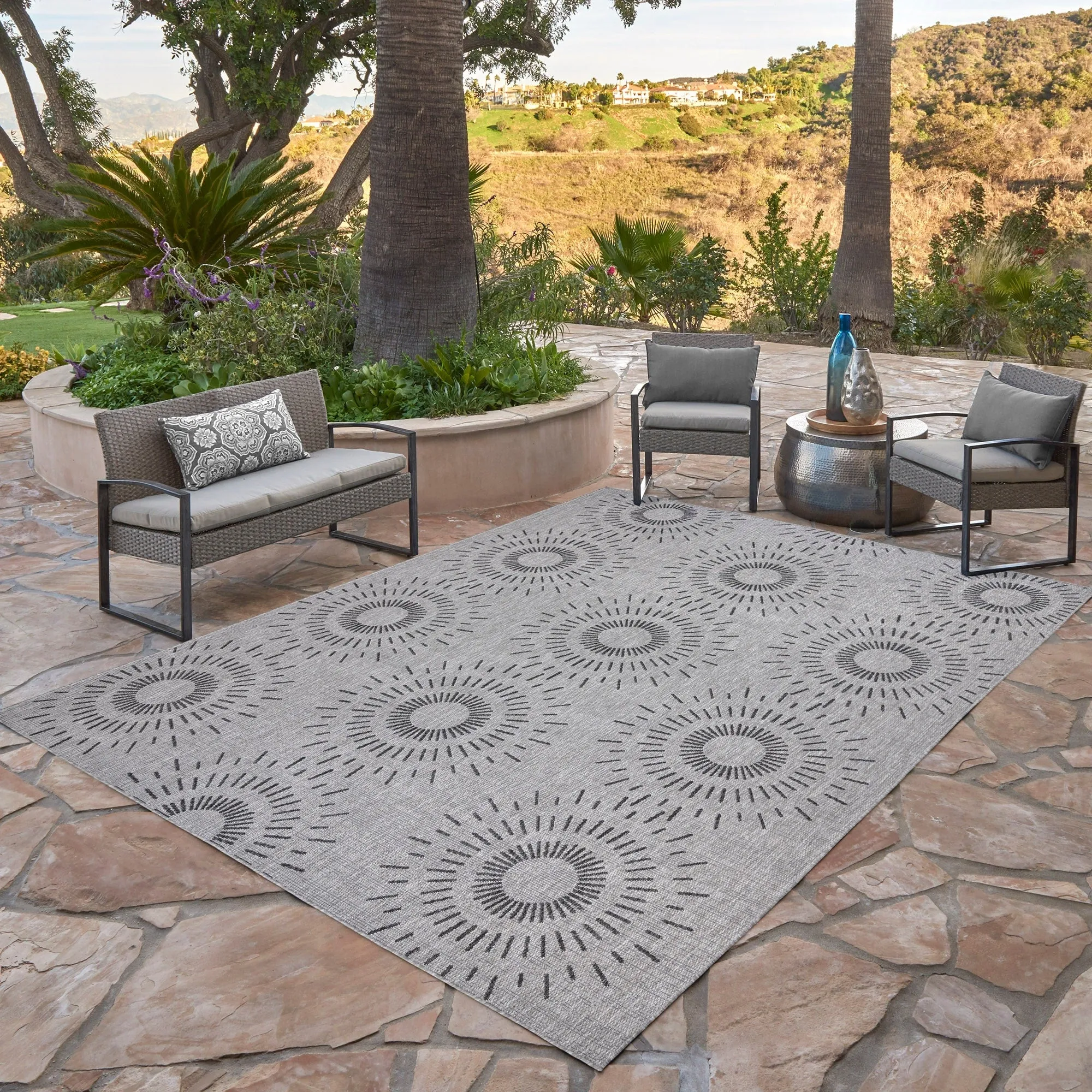 Gertmenian Tropea Tiaret Indoor Outdoor Flatweave Rug. Boho Sunburst Design