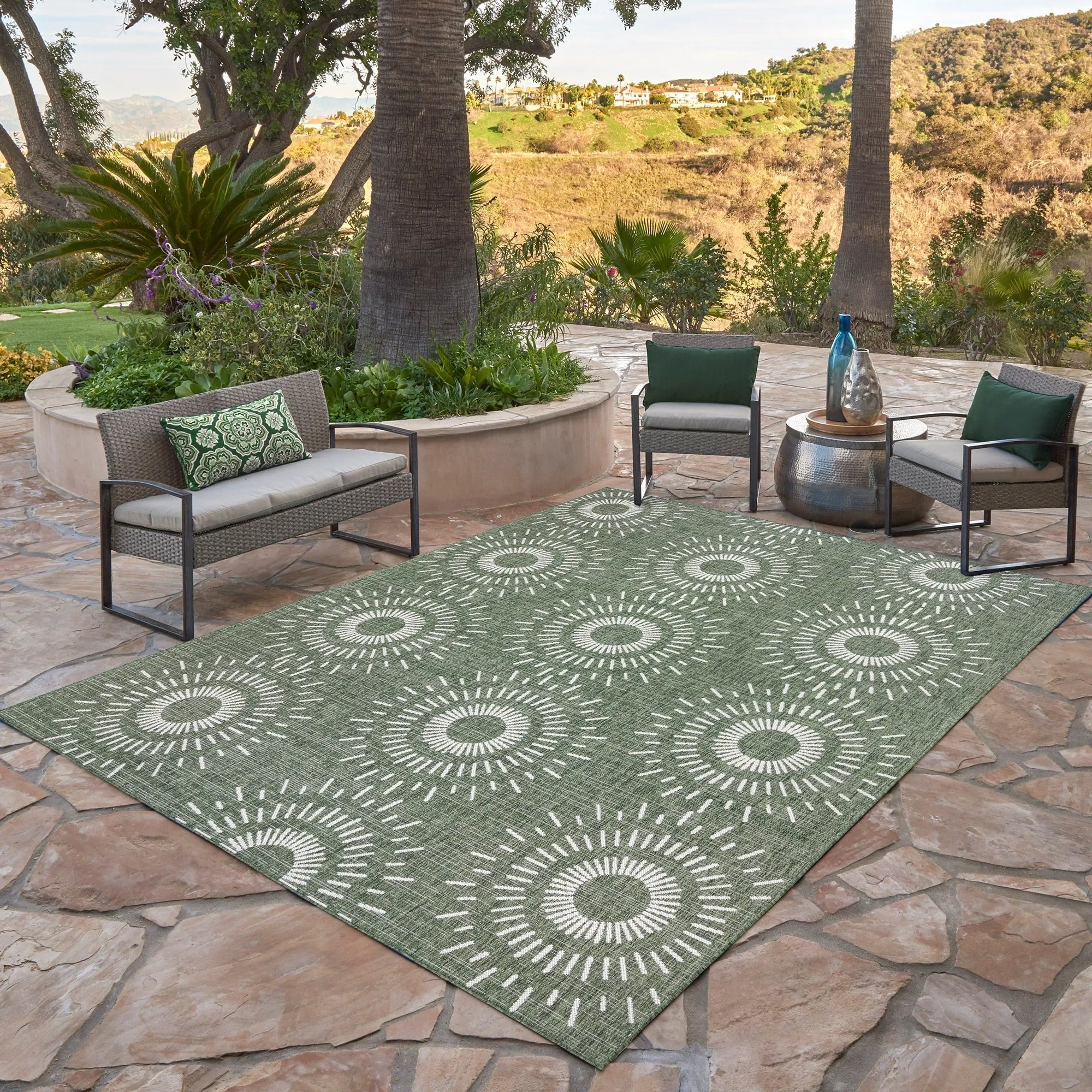 Gertmenian Tropea Tiaret Indoor Outdoor Flatweave Rug. Boho Sunburst Design