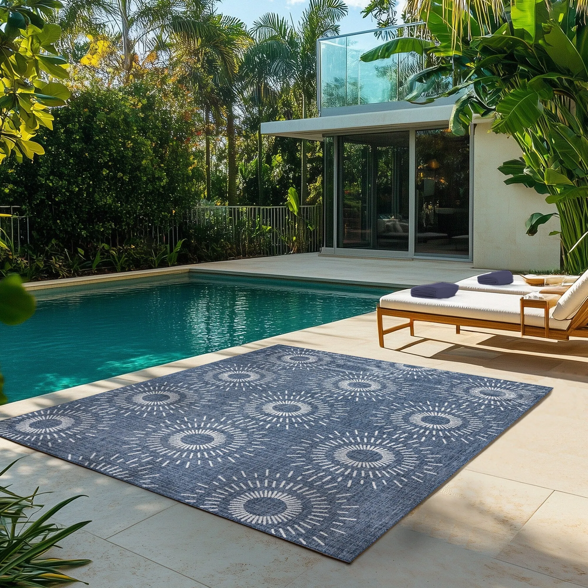 Gertmenian Tropea Tiaret Indoor Outdoor Flatweave Rug. Boho Sunburst Design