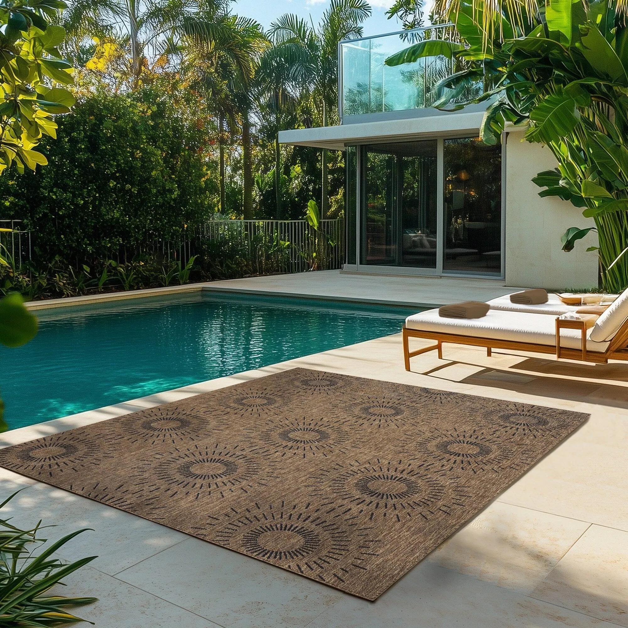 Gertmenian Tropea Tiaret Indoor Outdoor Flatweave Rug. Boho Sunburst Design