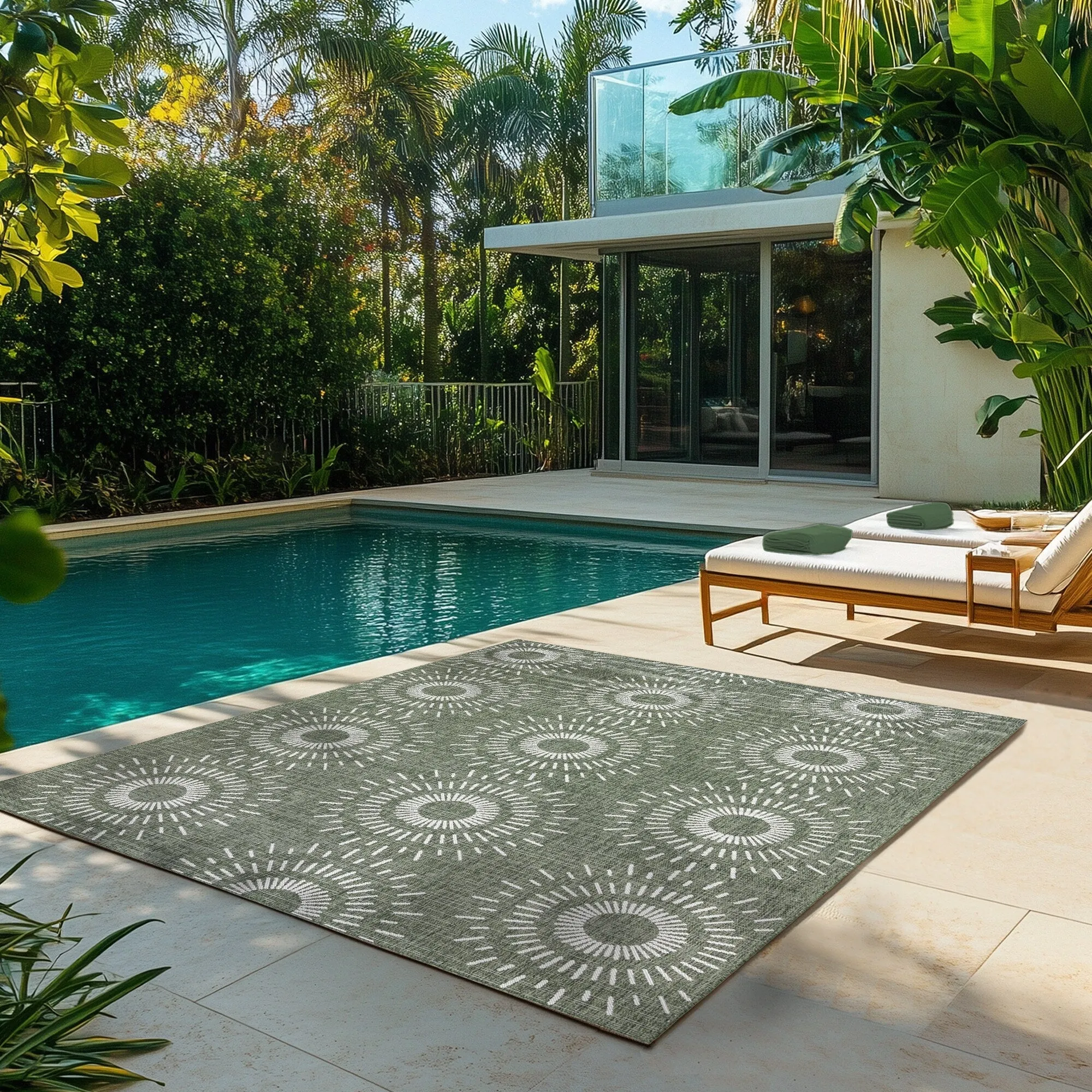 Gertmenian Tropea Tiaret Indoor Outdoor Flatweave Rug. Boho Sunburst Design