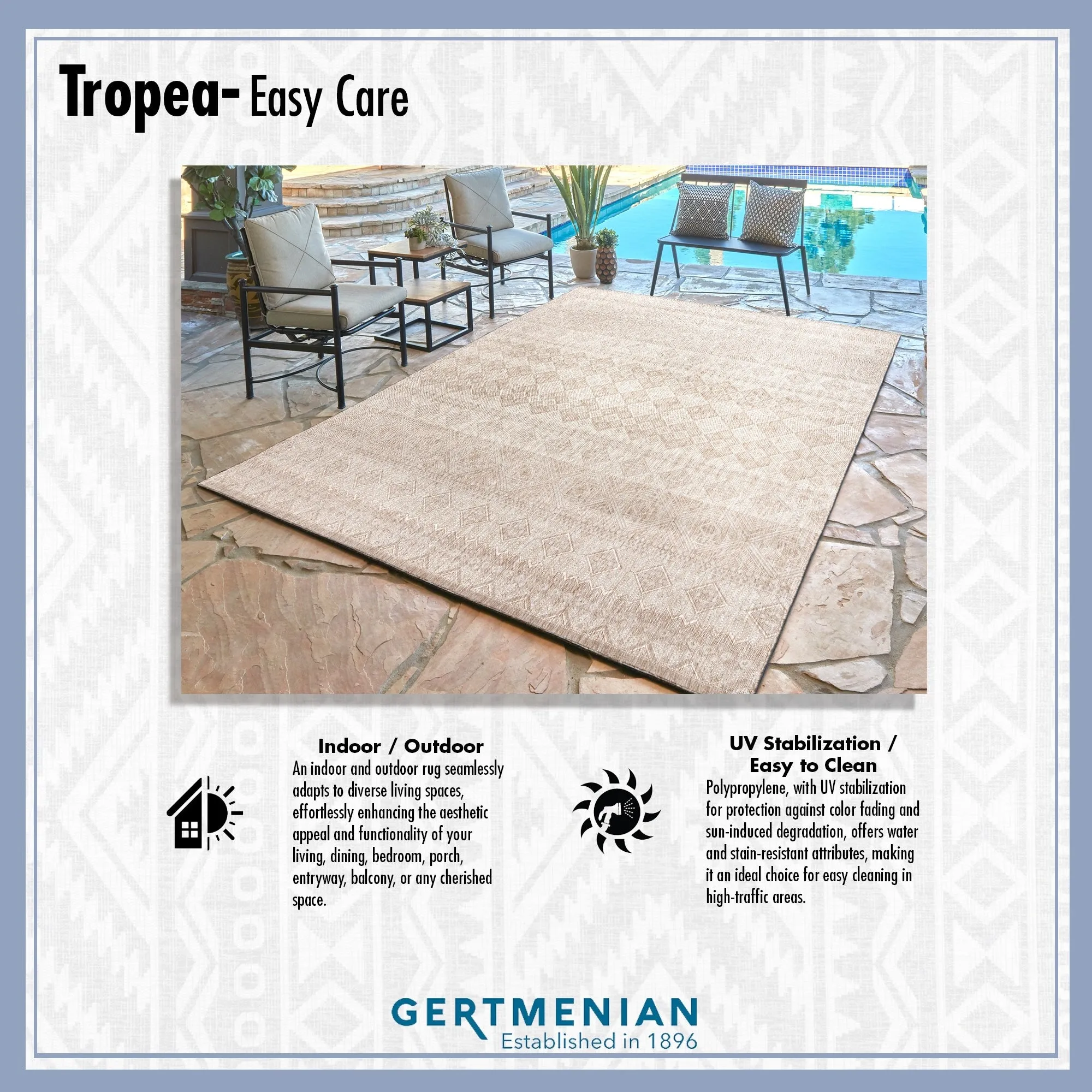 Gertmenian Tropea Tiaret Indoor Outdoor Flatweave Rug. Boho Sunburst Design