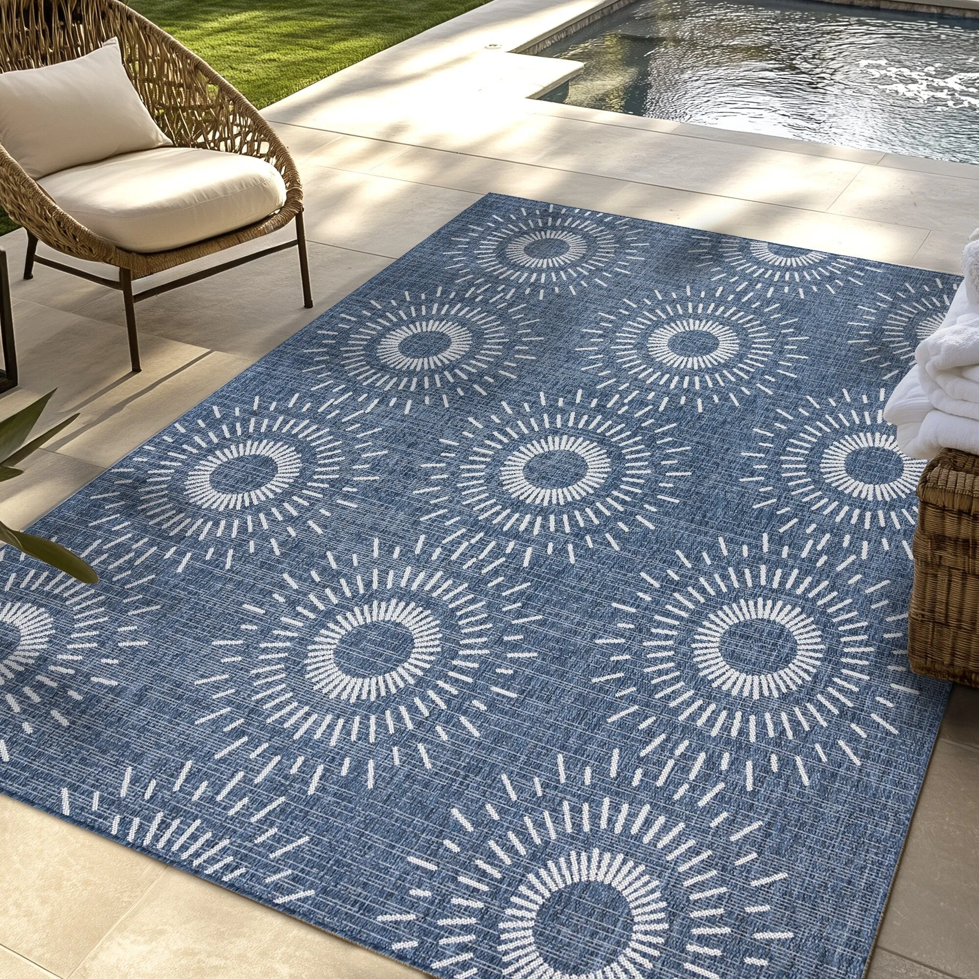 Gertmenian Tropea Tiaret Indoor Outdoor Flatweave Rug. Boho Sunburst Design