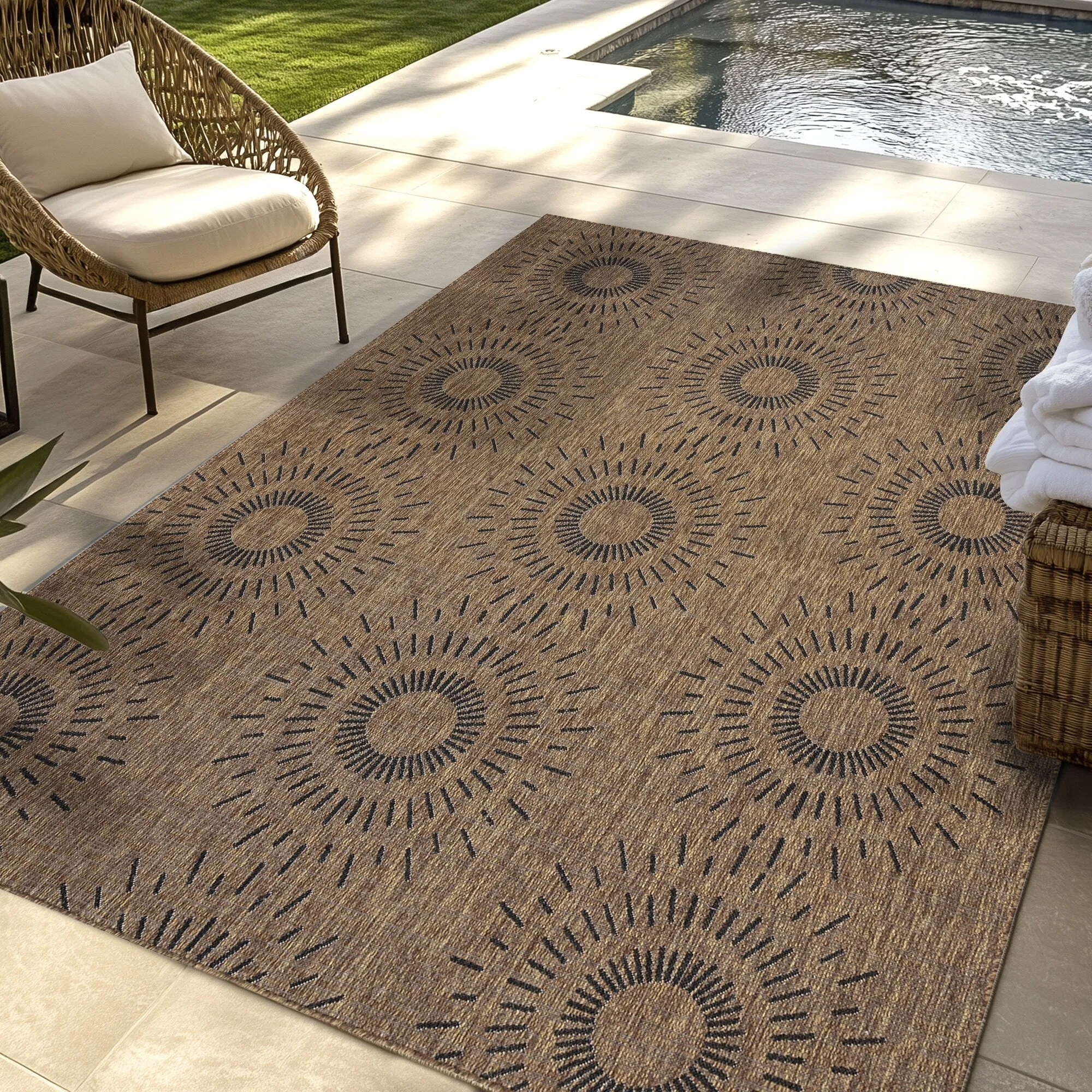 Gertmenian Tropea Tiaret Indoor Outdoor Flatweave Rug. Boho Sunburst Design