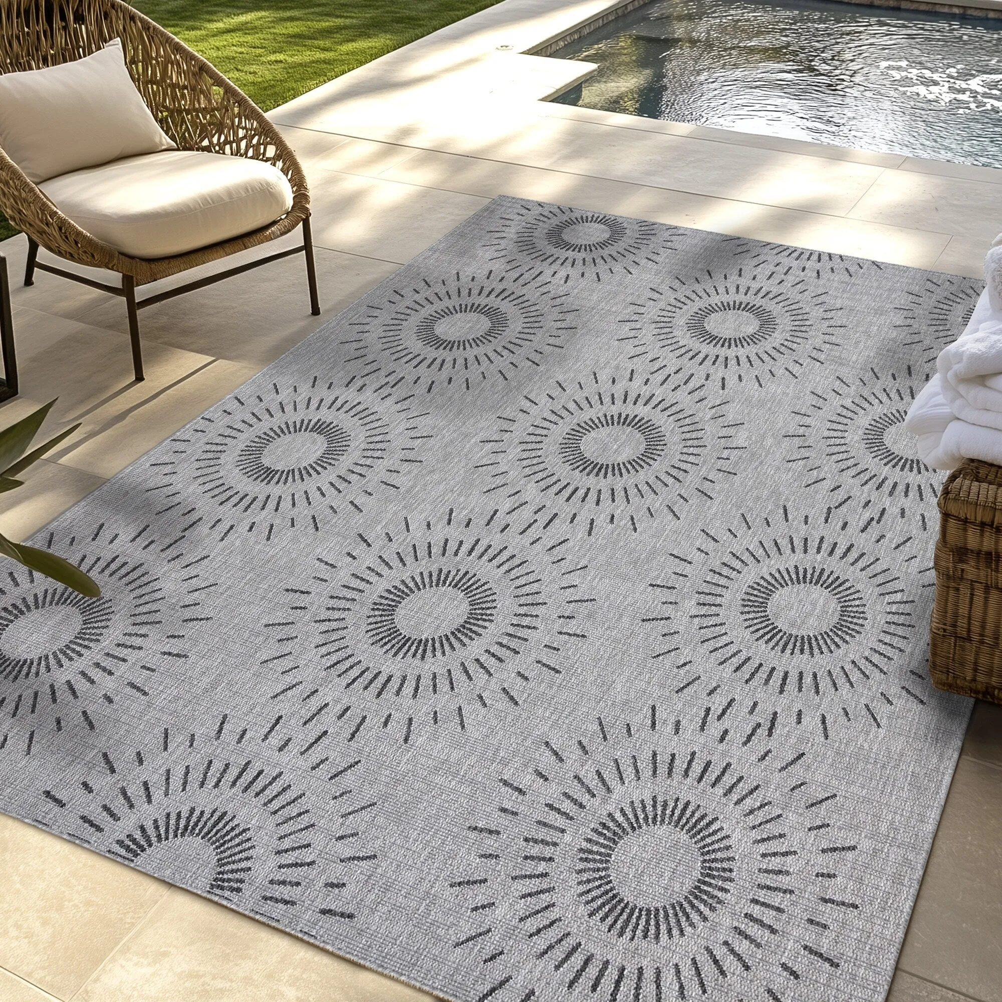 Gertmenian Tropea Tiaret Indoor Outdoor Flatweave Rug. Boho Sunburst Design