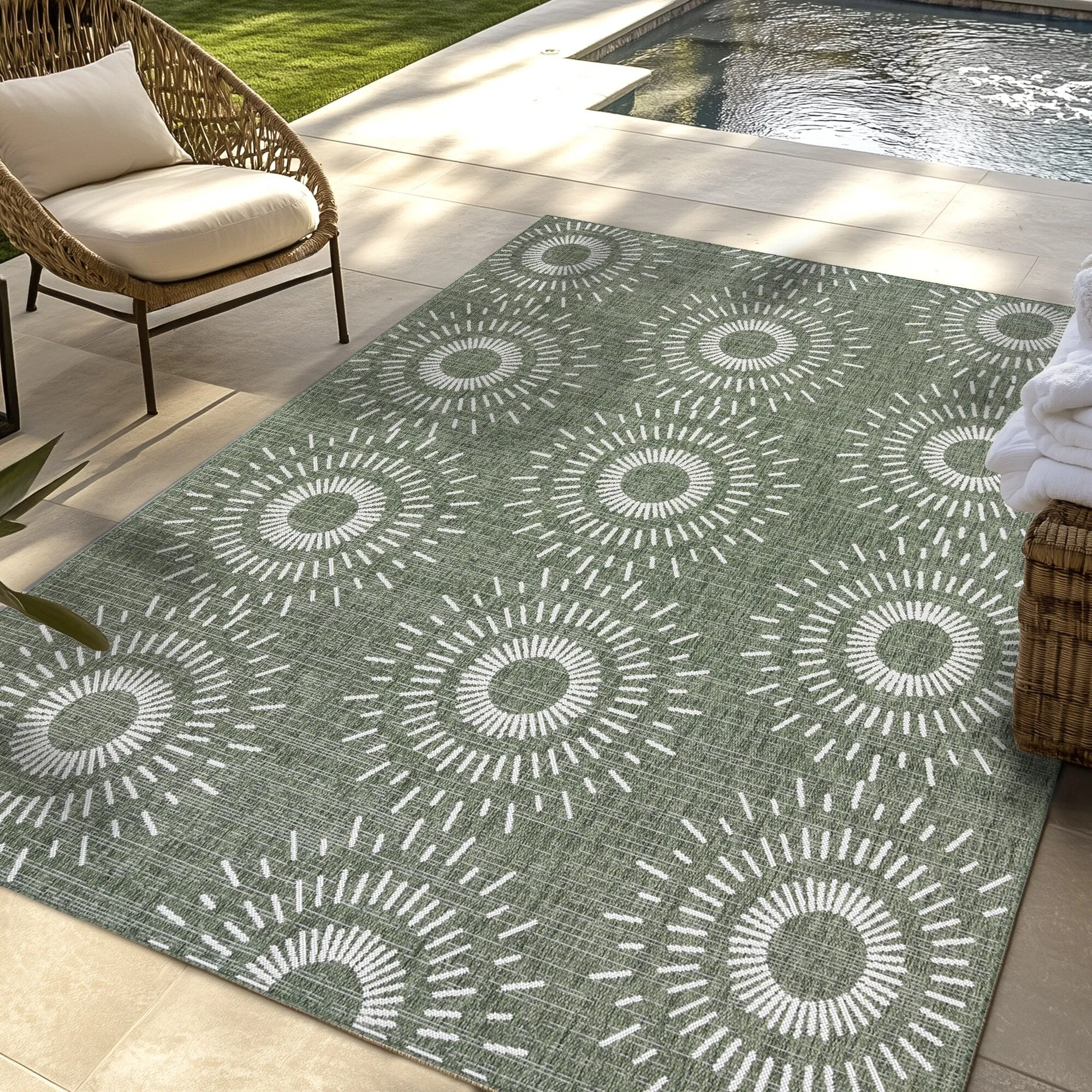 Gertmenian Tropea Tiaret Indoor Outdoor Flatweave Rug. Boho Sunburst Design