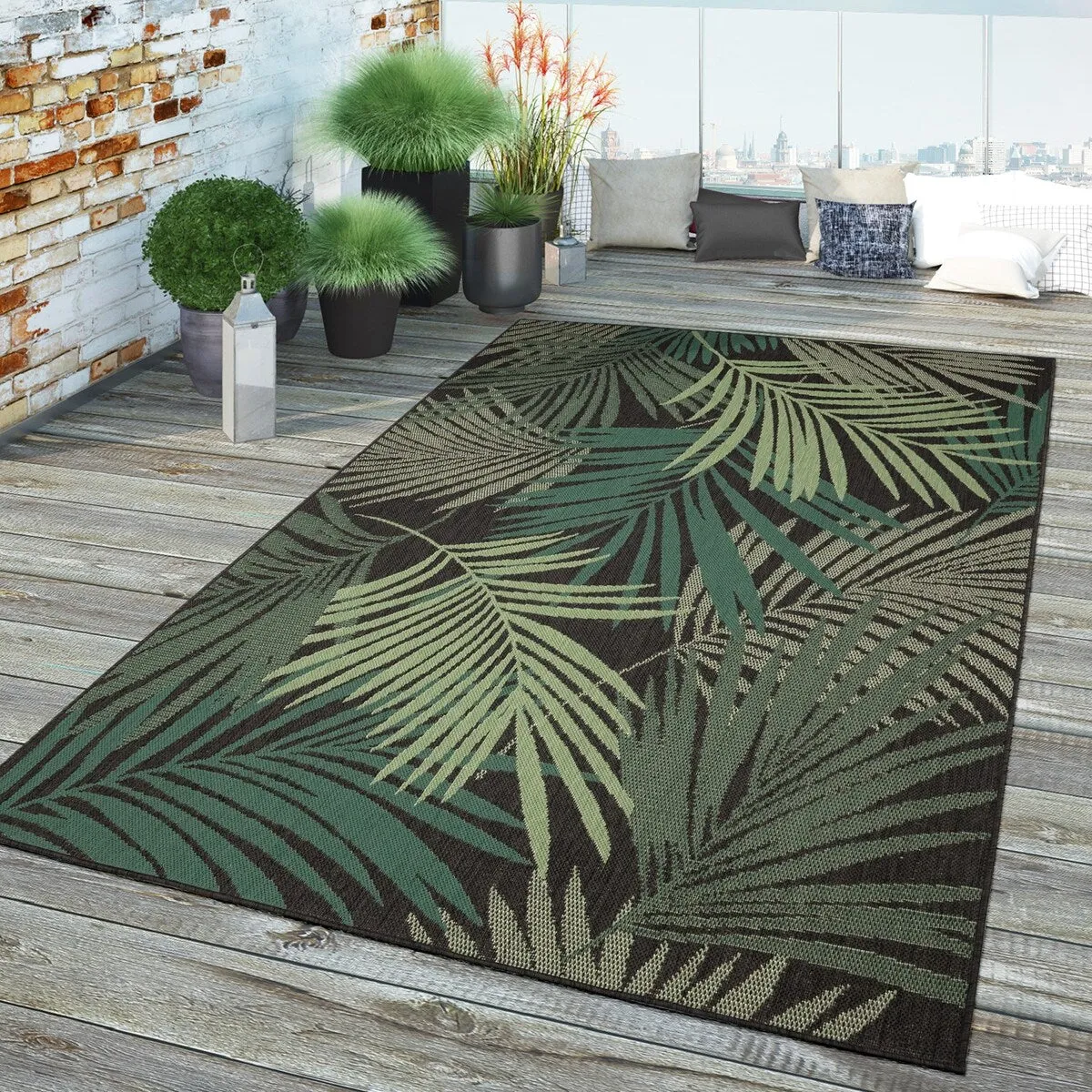 Indoor & Outdoor Rug - Jungle Design with Green Palm Trees