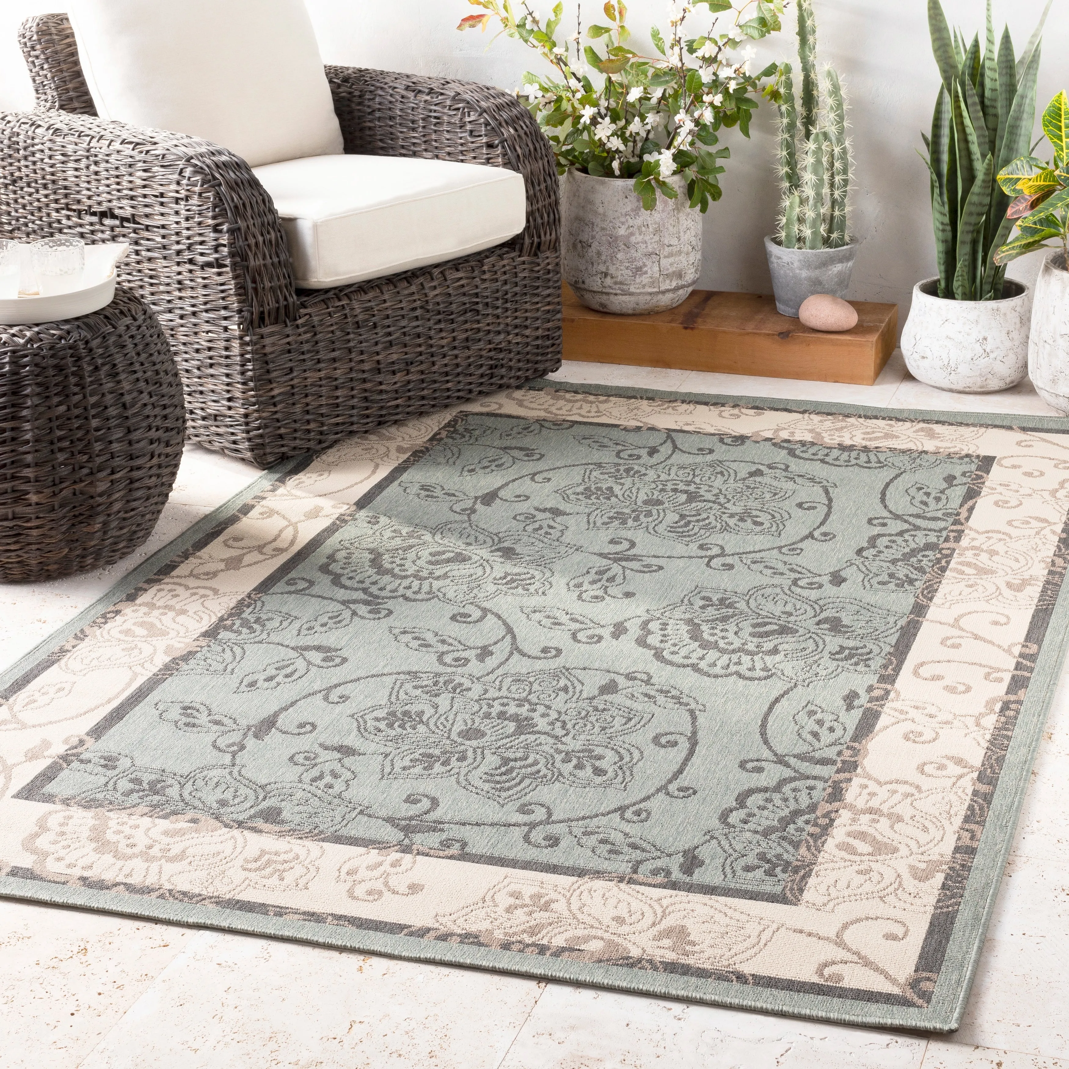 Janelle Indoor/Outdoor Transitional Floral Border Area Rug