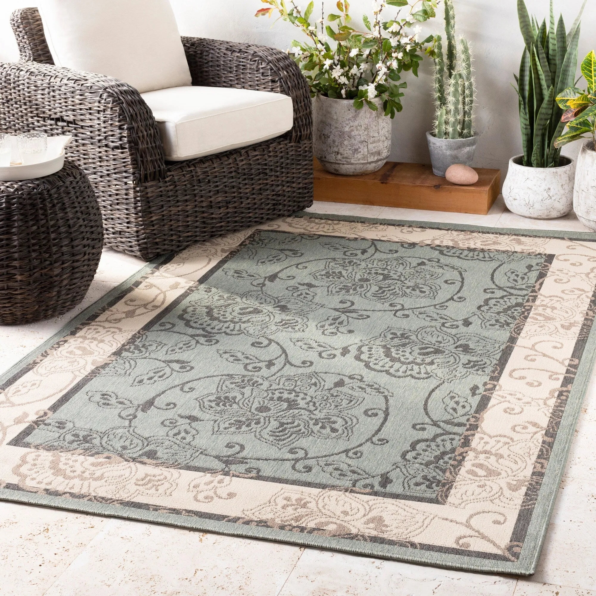 Janelle Indoor/Outdoor Transitional Floral Border Area Rug