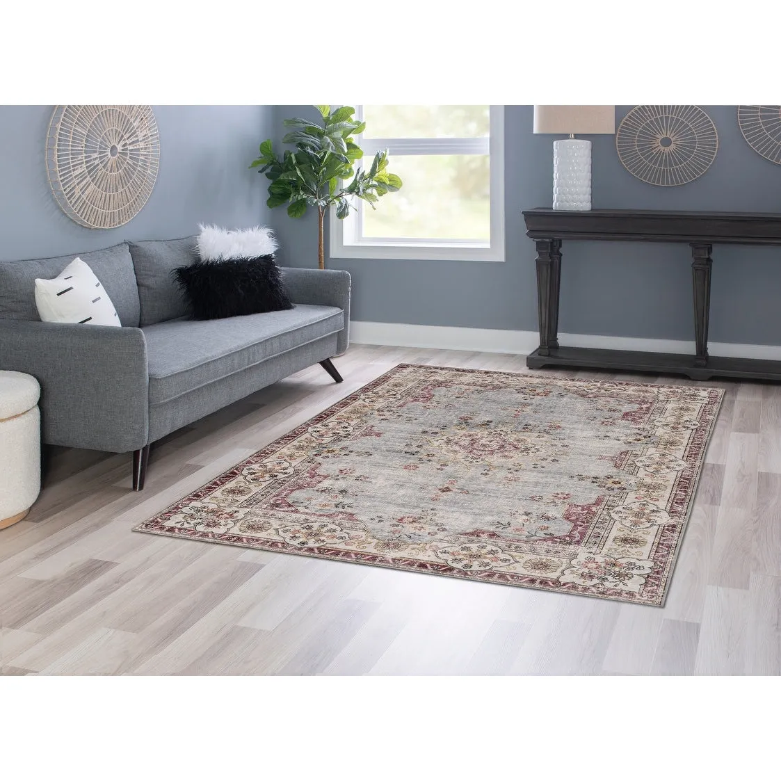 Lennox Stain-Resistant Machine Washable Pastel Blue and Ivory Rug