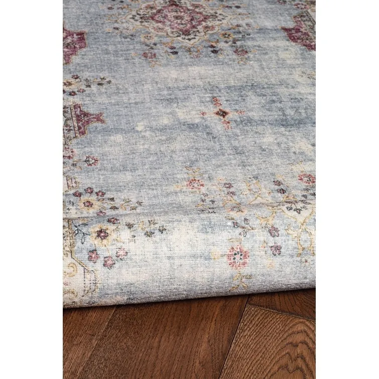 Lennox Stain-Resistant Machine Washable Pastel Blue and Ivory Rug