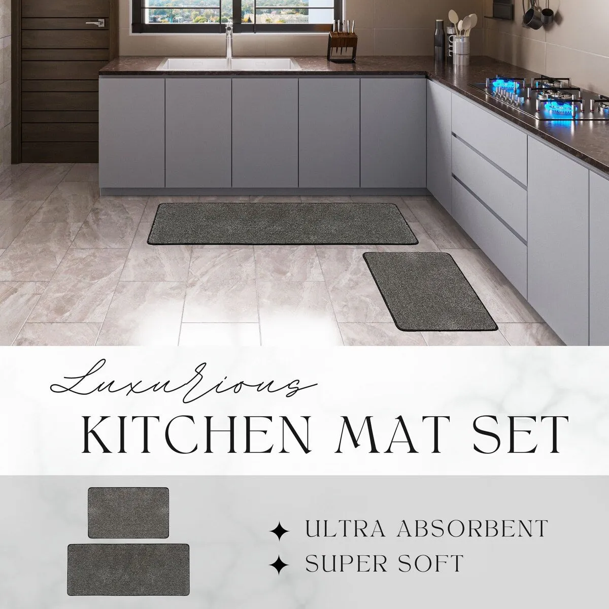 Luxurious Speckled Kitchen Rug Set - 20x32 & 20x48 Inches Kitchen Mats - 48L x 20W x 2/8H