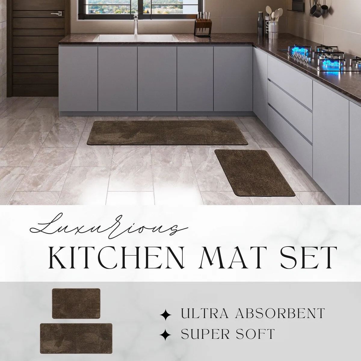 Luxurious Speckled Kitchen Rug Set - 20x32 & 20x48 Inches Kitchen Mats - 48L x 20W x 2/8H