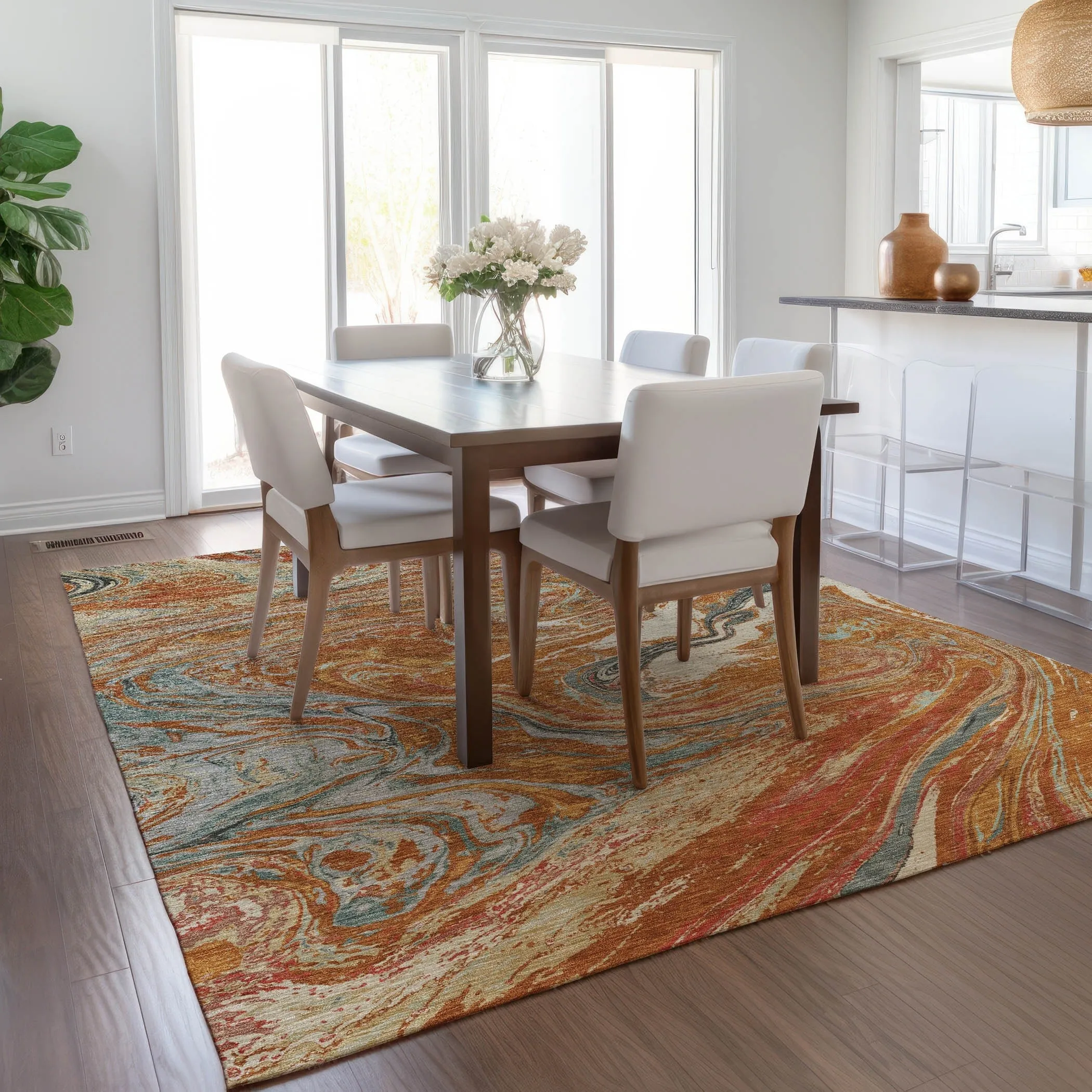 Machine Washable Indoor/ Outdoor Abstract Brushstroke Chantille Rug