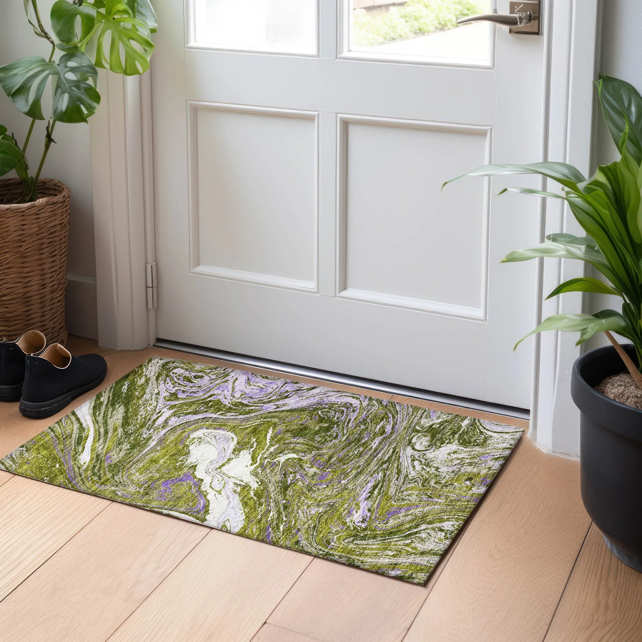 Machine Washable Indoor/ Outdoor Abstract Brushstroke Chantille Rug